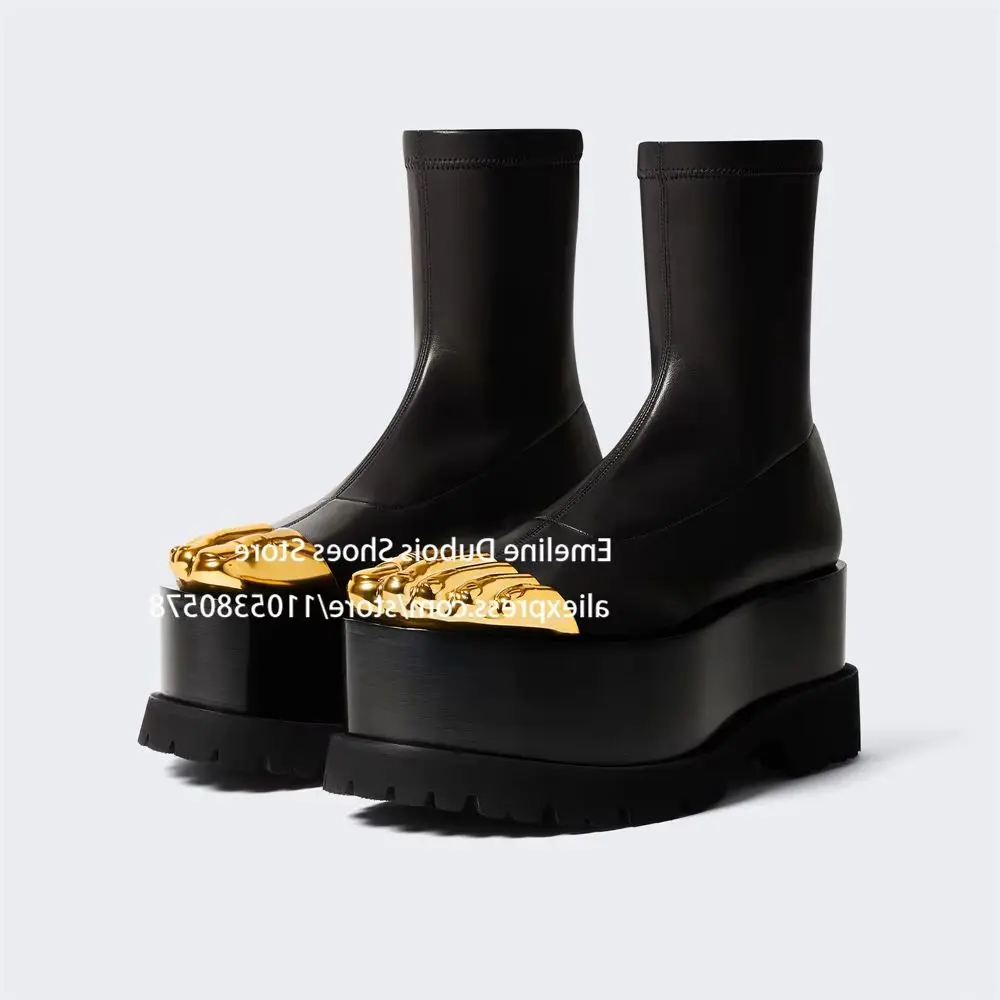 5 Figer Metal Toe Platform Ankle Boots for Women Gold Finger Novelty Thick Sole Bootie Designer Style Shoes for Party Streetwear