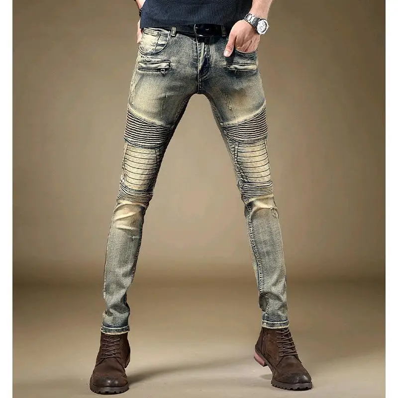 Jeans retrô de perna reta masculino, street bike, hip hop, motocicleta, casual, lavado com água, elástico, moto, calça jeans emendada, novo, 2022