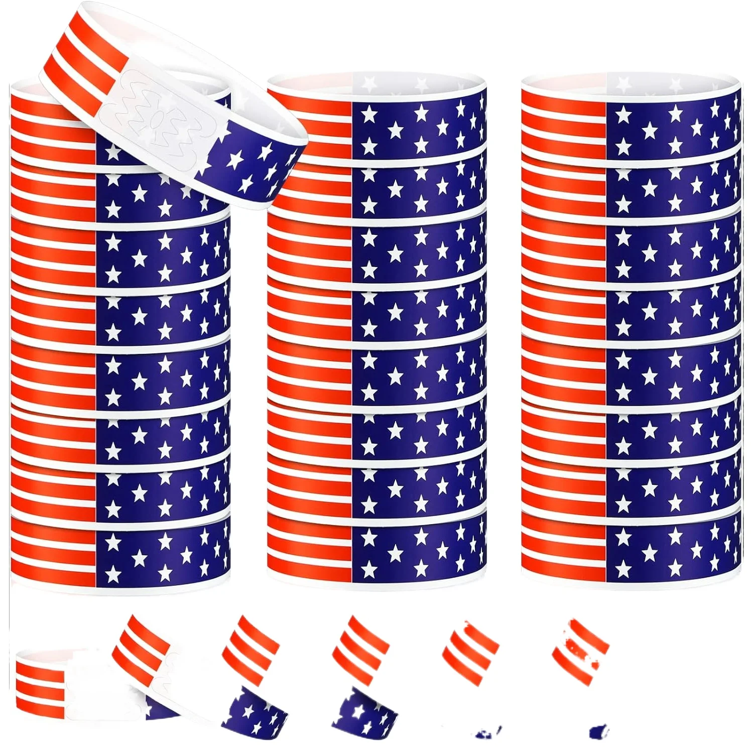 

Party Favors 200 Patriotic Paper Wristbands Red White Blue Star Stream Design For 4th Of July Memorial