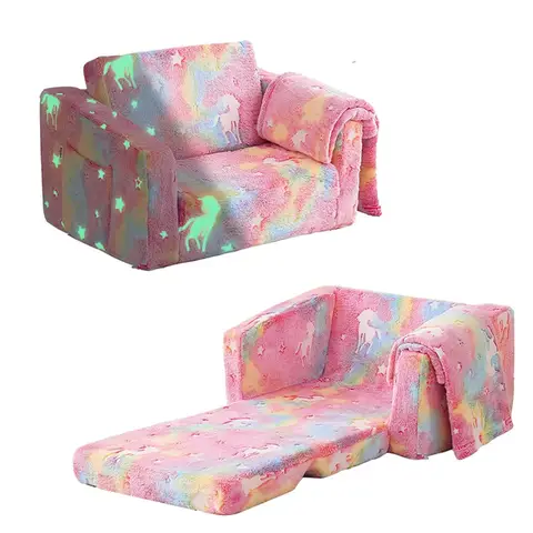 Glow-in-the-dark cartoon children's sofa chair with printed compressible roll-up sponge, star and unicorn pattern portable