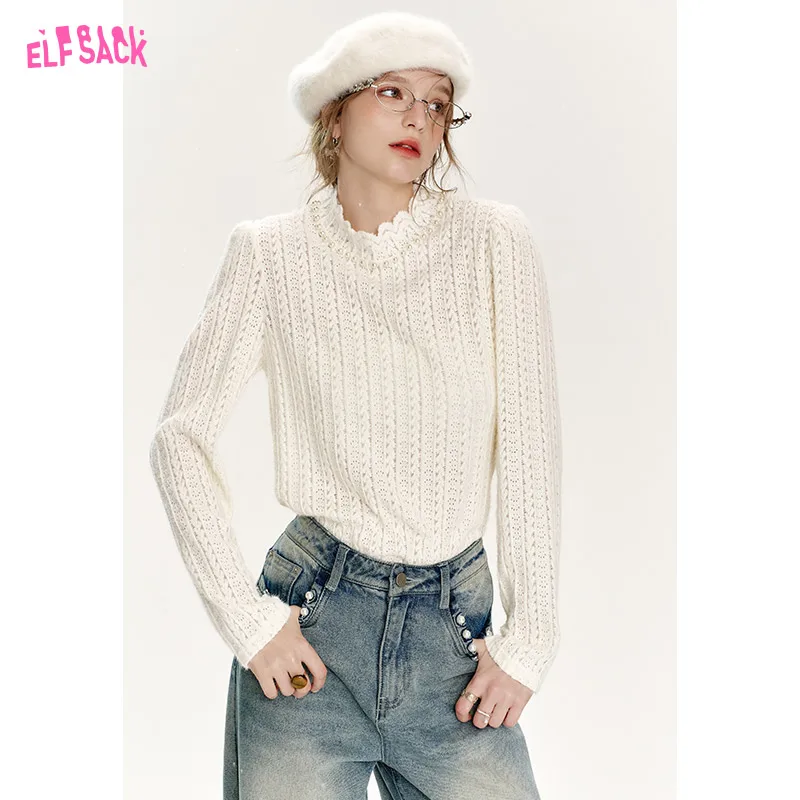 ELFSACK 2024 Winter New Arrivals White semi high collar lace base shirt, women pearl inner top Christmas