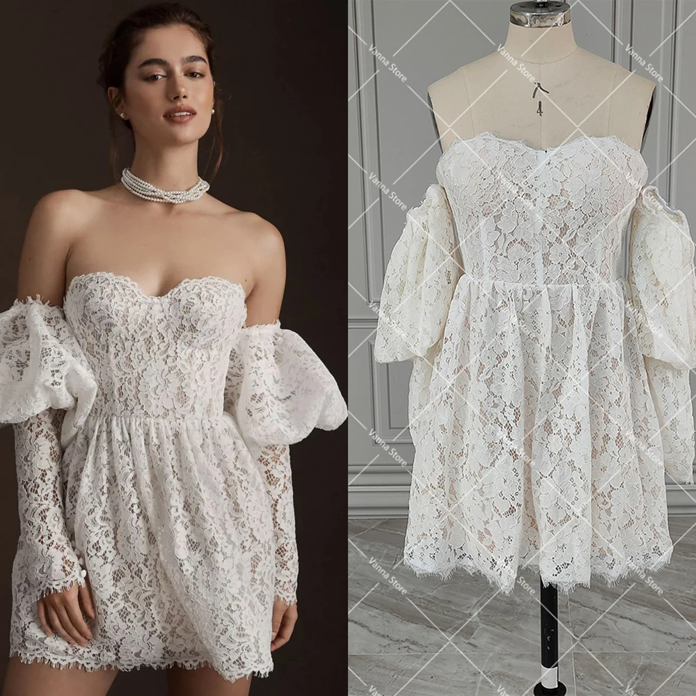 

Sweetheart Lace Civil Little Courthouse Wedding Gown Long Bubble Fit Sleeve Floral Lace Short Mini Length Tulle Bridal Dress