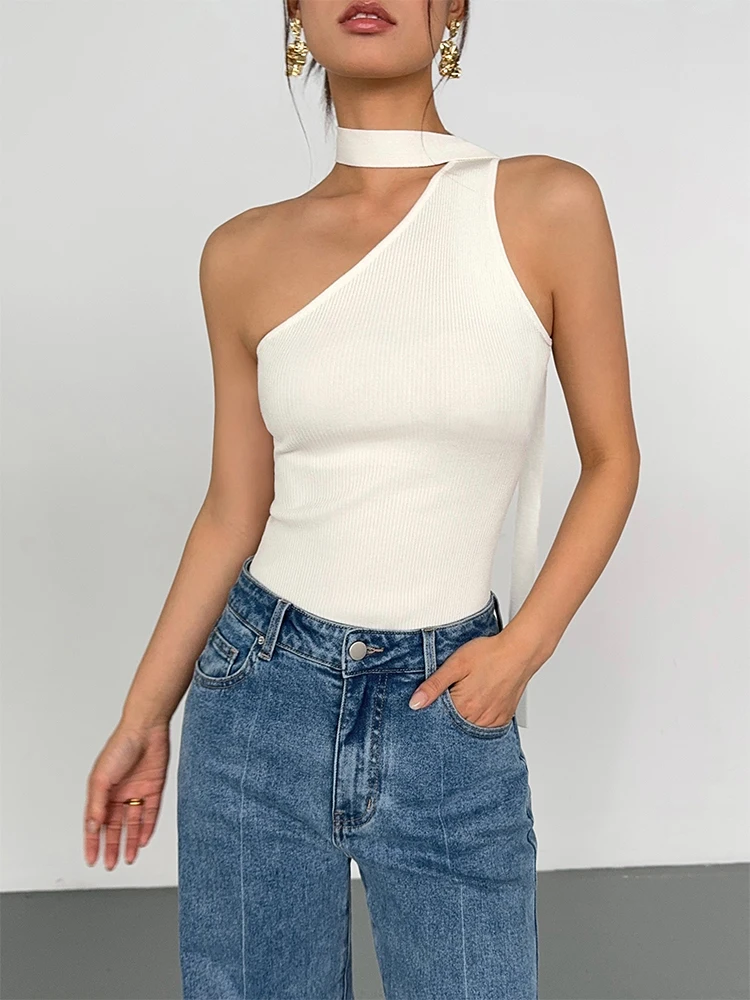 DEAT Fashion Women\'s Knitted Tank Tops Oblique Shoulder Sleeveless Backless Elastic Ribbon Slim Tops Summer 2024 Ne Tide 7AB4390