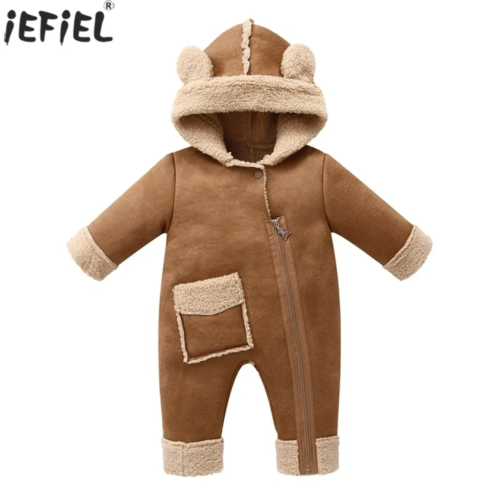 

Зимние детские комбинезоны для маленьких мальчиков и девочек, теплый комбинезон с капюшоном на флисовой подкладке, боди на молнии с длинными рукавами и карманами, детская одежда