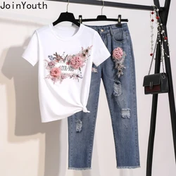 Set di 2 pezzi coreani completi da donna Roupas Femme White Beading Florla magliette Slim Fit Hole Denim Pants Suit Fashion Summer Set