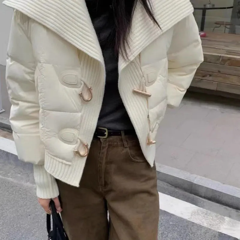 Knitted Stitching Down Jacket Women\'s Overcoat 2025 Winter New Fashion Loose Lapel White Duck Down Coats Thicke Warm Parker Coat