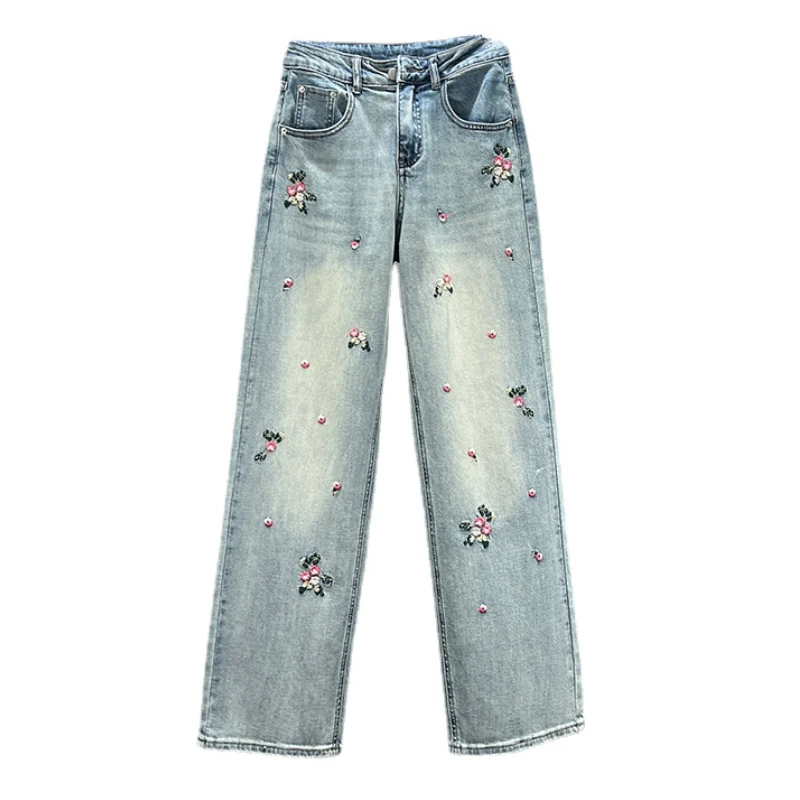 Embroidered Flower Jeans Women's Wide-Leg Pants 2024 New Spring High Waist Loose and Slimming New National Style Mop Pants