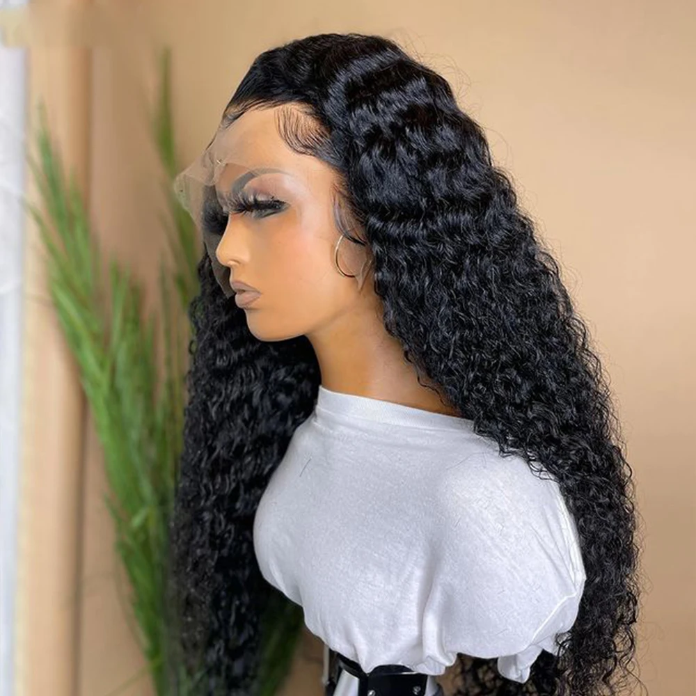 Peruca dianteira do laço longo Kinky Curly para mulheres, preto natural, cabelo do bebê, resistente ao calor, sem cola, pré-arrancadas diariamente, 180 densidade, 26"