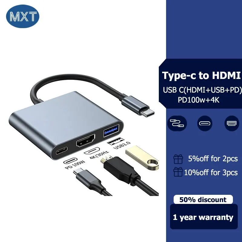 

Type-c to 30HZ HDTV Adapter for USB C to 4K HDMI USB 3.0 100W PD Charging Adapter for Connect the computer, pad ,phone, TV