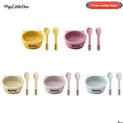 Personalized Name 3PCS Silicone Baby Tableware Cute Cartoon Bear Feeding Suction Bowl Spoon Training Dinner Set Baby Meal Tray