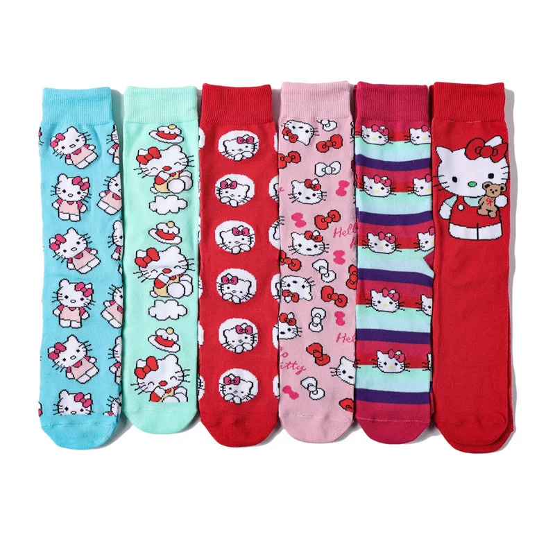 

6 Pairs Kawaii Hello Kitty Women Socks Multi Pattern Cotton Crew Socks Casual All Season Socks for Ladies
