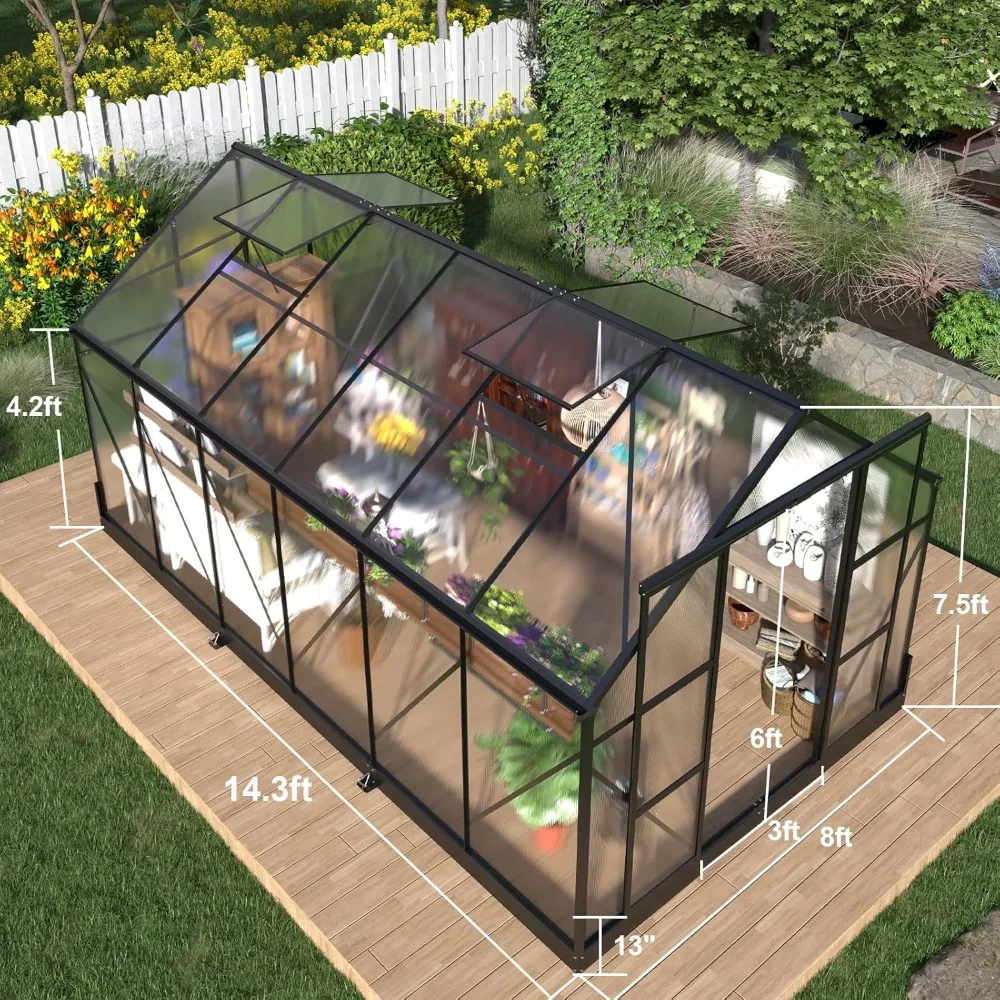 Großes Aluminium-Gewächshaus mit Belüftungsfenstern, 2 Schiebetüren, begehbar im Freien, 8 x 14 x 7,5 Fuß Polycarbonat-Gewächshaus