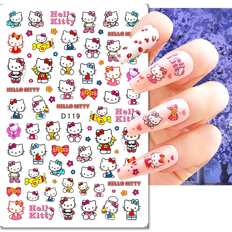 Sanrio Hello Kitty สติกเกอร์ตกแต่งเล็บ3D สำหรับเล็บลาย KT สติกเกอร์ติดเล็บรูปโบว์รูปแมวดาวสำหรับตกแต่งเล็บ DIY อุปกรณ์เสริมความสุขแบบทำมือ