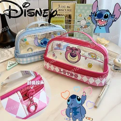 Disney Cartoon Stitch Lotus Pen Bag, Grande Capacidade, Transparente Dupla Camada, Estojo de Lápis de Mão Estudante, Meninas Maquiagem Bag, Presentes