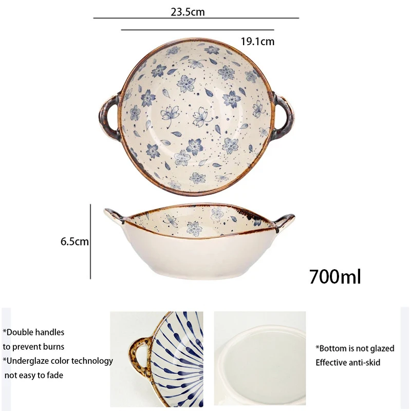 YWDL 7.5inch Retro Ceramic Salad Bowl With Handle Kitchen Soup Noodle Bowl Microwave Oven Bakware Pan Fruit Plate Tableware