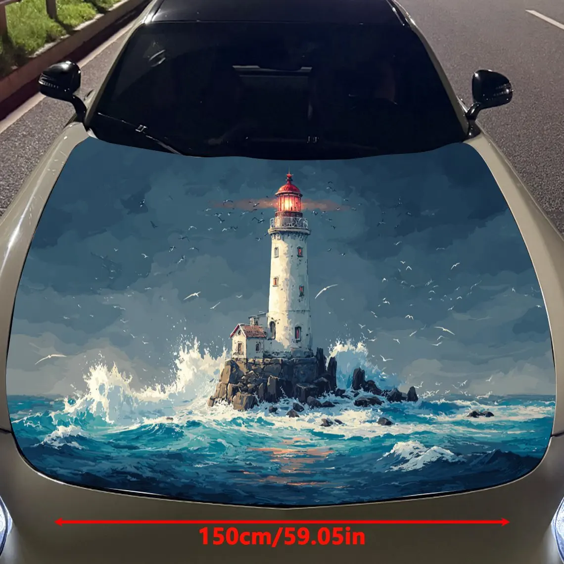 Seagulls Chasing Waves Lighthouse Car Vinyl Wrap, PVC Material Waterproof Car Hood Sticker, Self-Adhesive Scratch-Resistant Stic