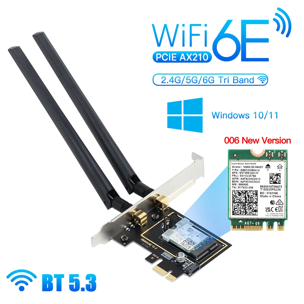 

5374Mbps Wifi 6E AX210 Pcie Wireless Adapter Bluetooth 5.3 ax210ngw M.2 Wi Fi Network Card For Win 10 11 For PC