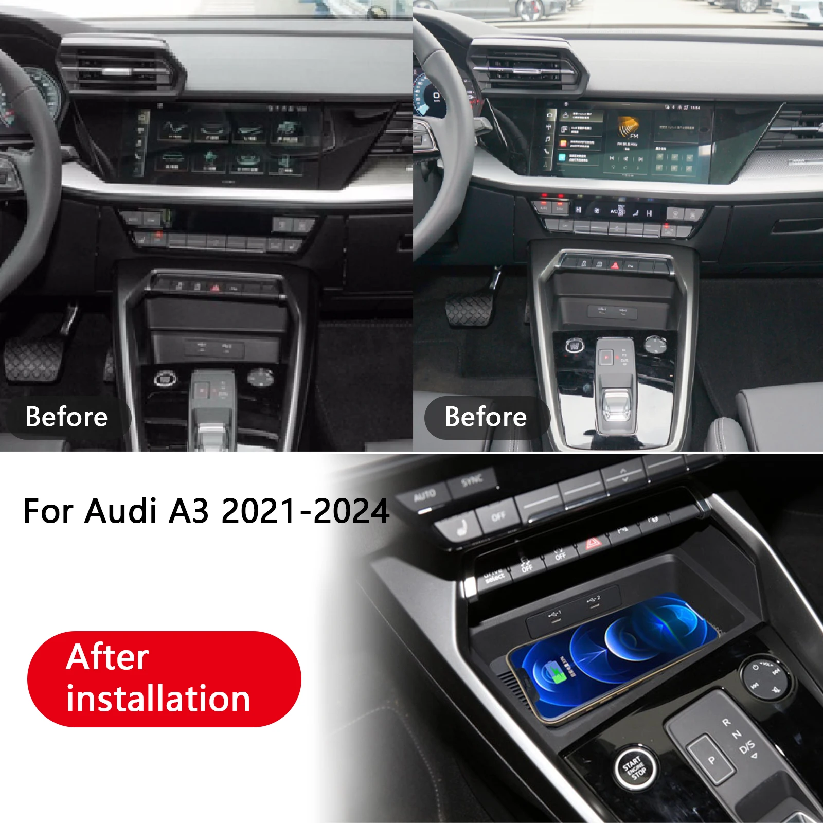 

2 Din для Audi A3 2021-2024 Leaset автомобильное зарядное устройство для центральной консоли телефона быстрое беспроводное зарядное устройство зарядная пластина держатель для зарядки