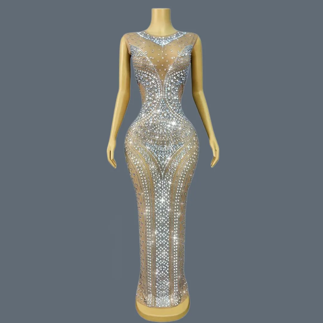 

Women Sparkly Rhinestone Sleeveless Evening Dress Night Party Birthday Costume Bar Club Stage Performance Clothing Qiaojiaren