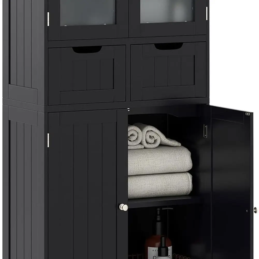 

Черный отдельно стоящий деревянный шкаф для хранения со стеклянными дверцами, ящиками и регулируемыми полками для организации дома