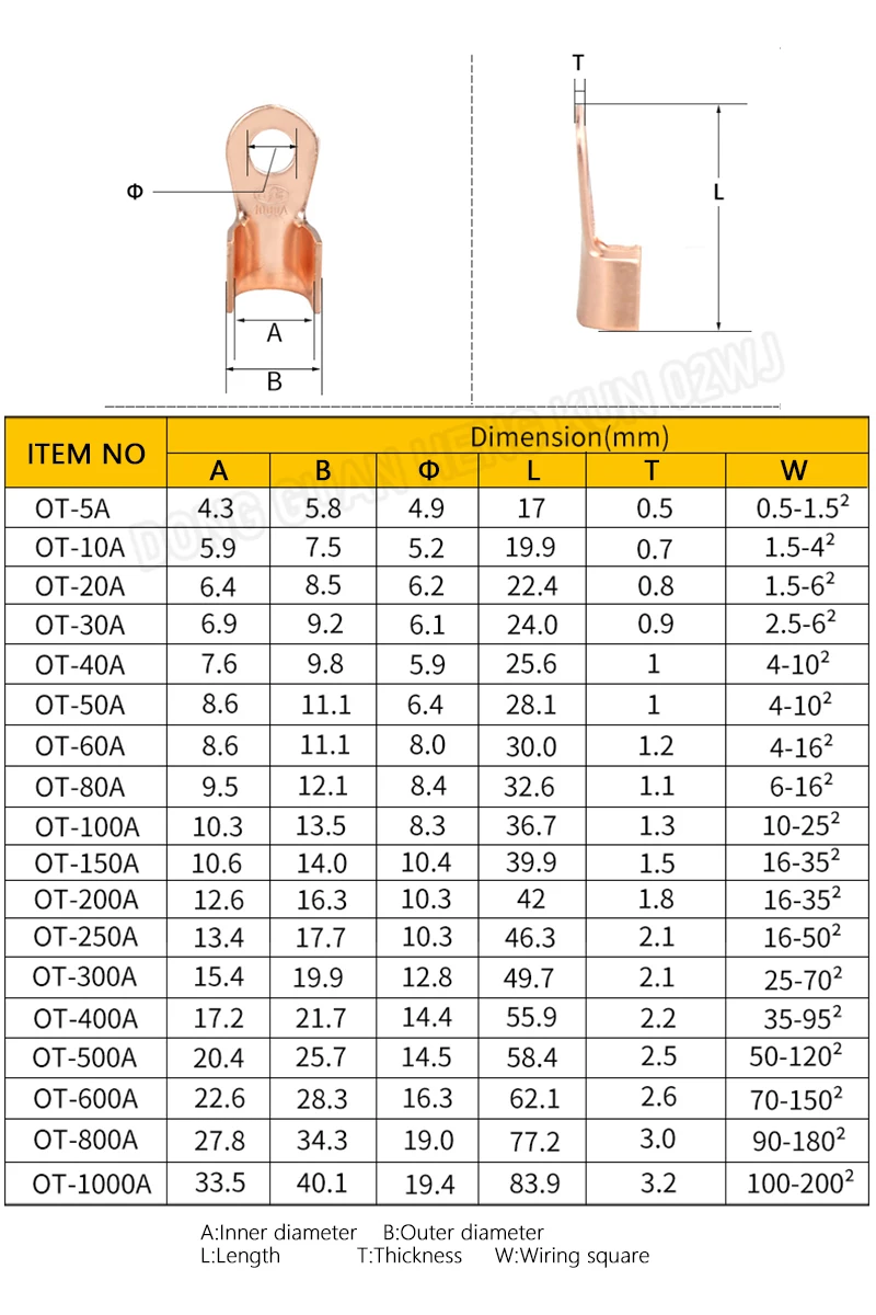 OT Series Open Type Tin Plated Copper Crimp Terminal Lug 10A-200A for 4-35mm² Wire Cable, Industrial Electrical Wire Connector