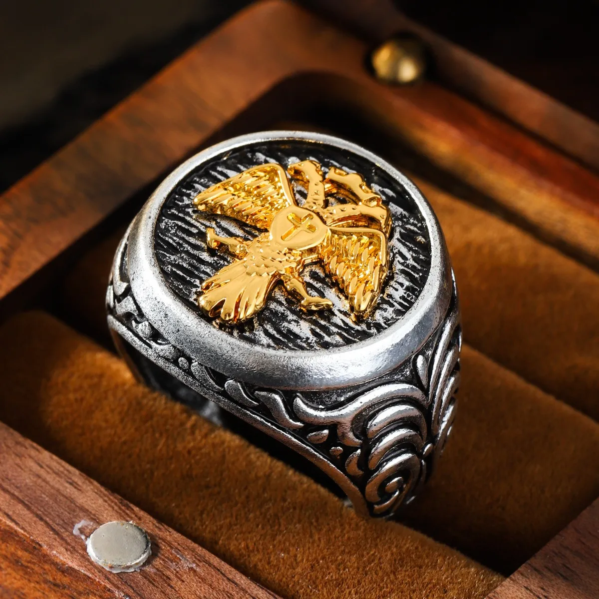 Fashion Retro Distressed Two-tone Double-headed Eagle Men's Ring Gold-plated Temperament Party Finger Accessories