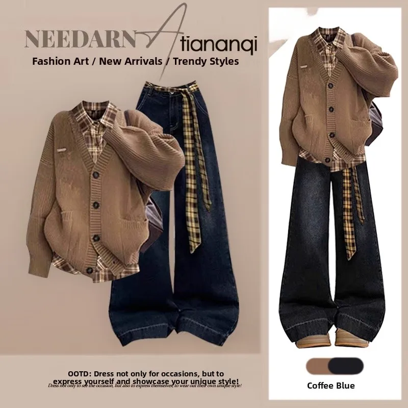 

Korean Sle Versatile Tee-Piece Set Lazy Sle Slimming Age-Defng Sweater over irt with Jeans Casual Faion Ensemble