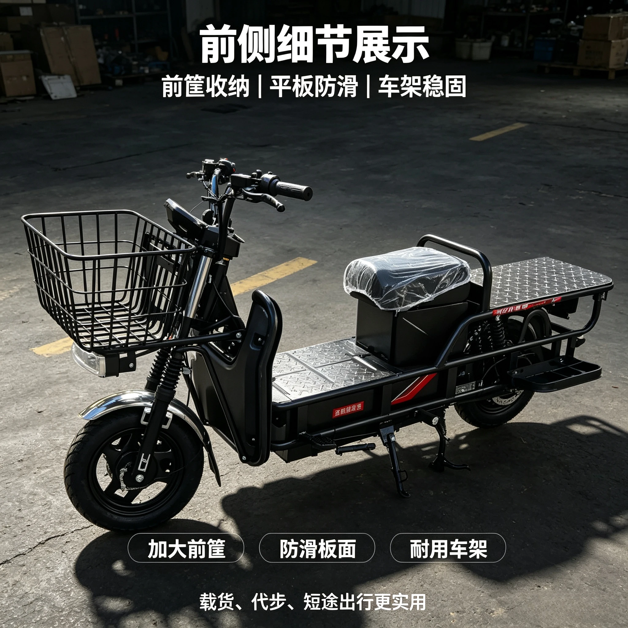electric cargo moped fitted with large flat steel rack, strong climbing power ，long‑life battery for heavy‑goods transportation