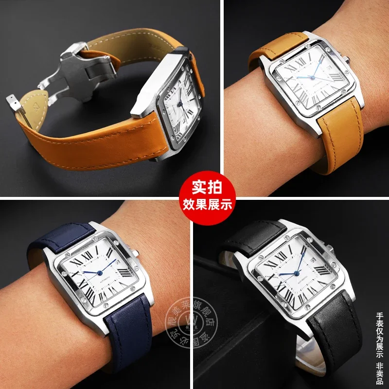 Genuine Lea/ther Watch Strap for Cartier Sandoz Men's Santos100 Santos Series Watchband 20mm 23mm Folding buckle Cowhide strap