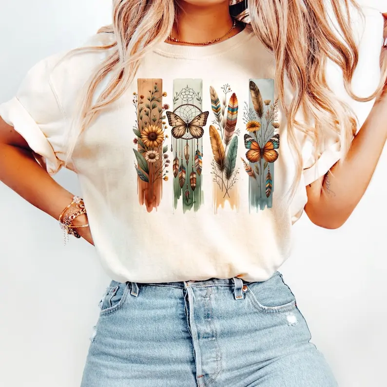 

Vintage Boho Flower Flower Butterfly Floral Retro Flower Nature Lover Harajuku Sleeve Casual Clothing Street Aesthetic Clothes