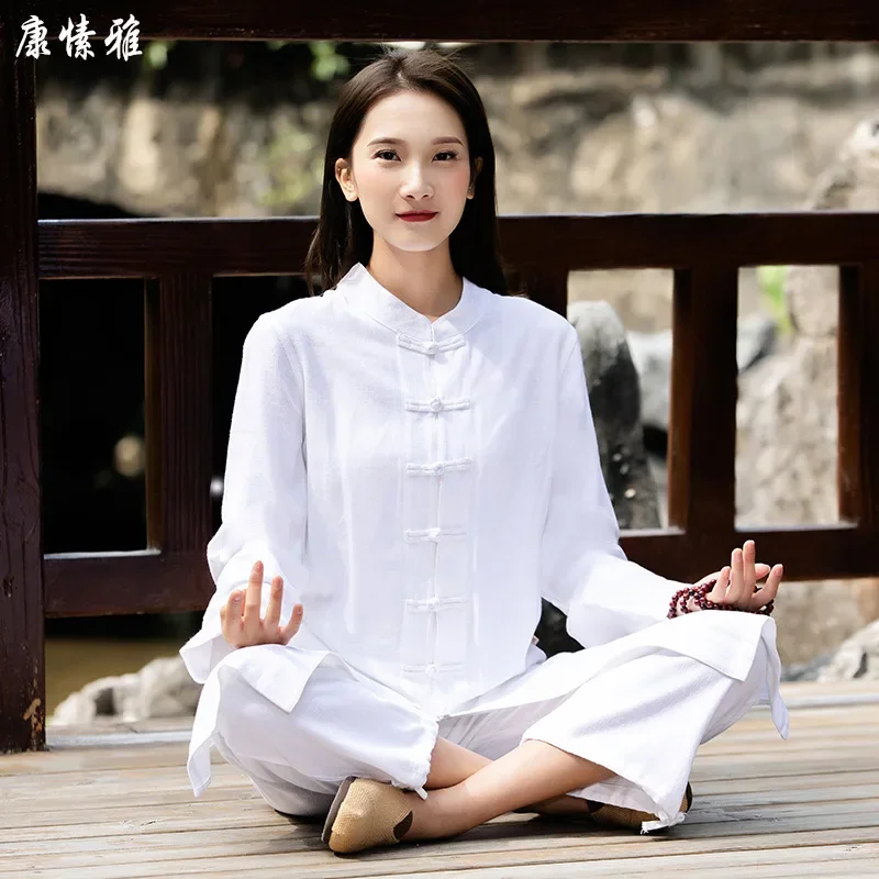 Women Tai Chi Kungfu Meditation Uniforms cotton Linen Loose Sweatshirt+pant Jogger Outfit Workout Casual Yoga Set Sportswear