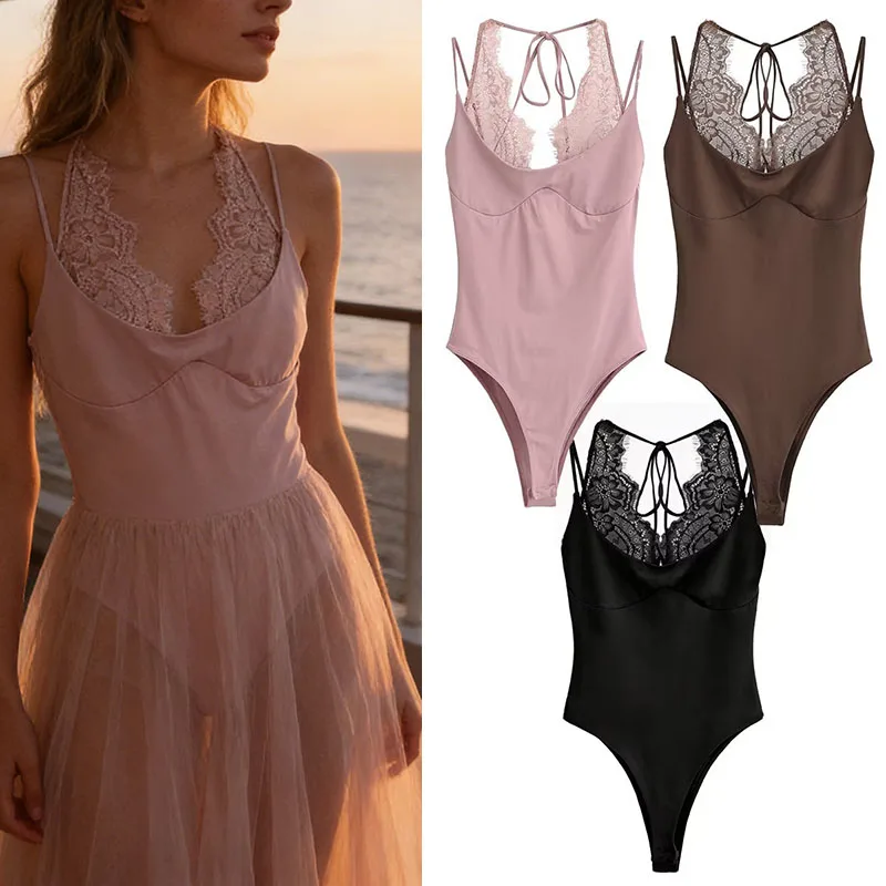 

Tie Back Satin Bodysuit Women Pink Brown Black Lace Trim Spaghetti Strap V-Neck Lingerie-Inspired Outfit