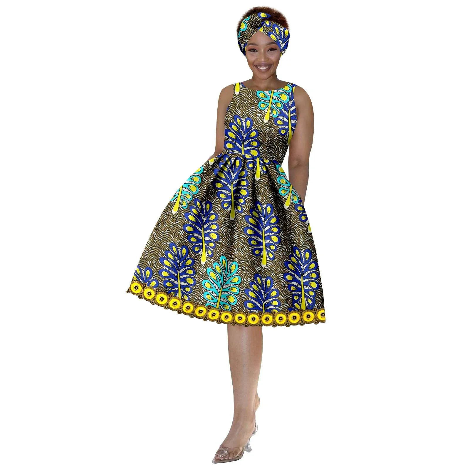 فستان جنسي نسائي أفريقي على الموضة جديد لعام 2025 فستان أنقرة مطبوع بدون أكمام ورقبة دائرية مع حجاب لحفلات أعياد الميلاد وحفلات الزفاف