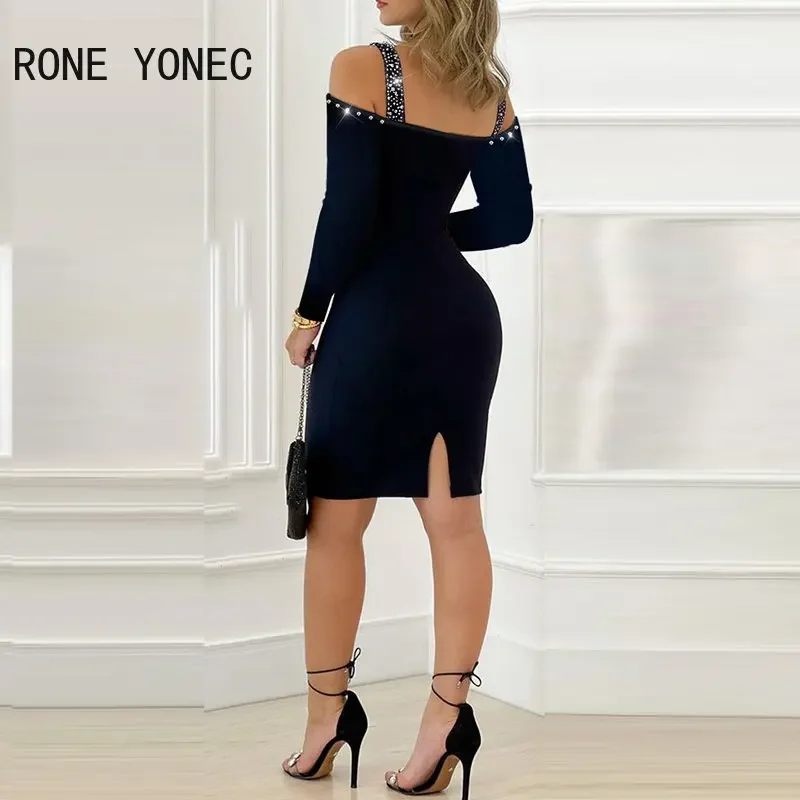 Kobiety Sexy eleganckie głębokie dekolt w serek dekoracje cyrkonią Off ramię długie rękawy małe sukienki Mini Silt Bodycon