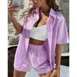 Women's Striped Print Two Pieces Suit, Casual, Turndown Collar Half Sleeve Top and Shirring Shorts Set Outfits Summer Streetwear