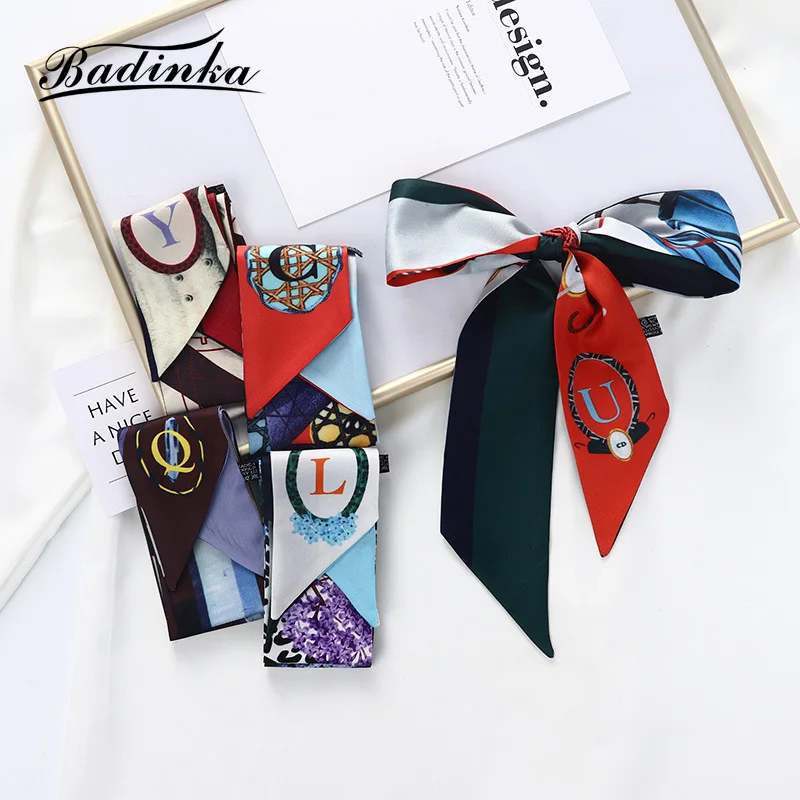 2022 New Designer Initial Letter Printed Silk Hair Bandana Scarf Tie Women Vintage Long Skinny Bag Accessories Scarfs for Ladies