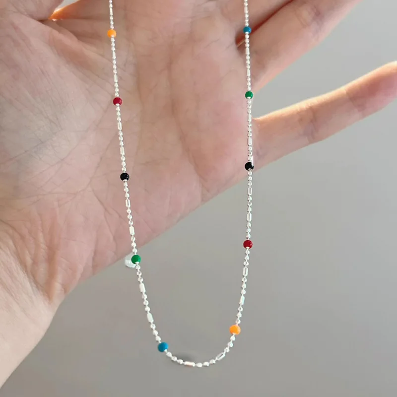 925 Silver Sterling Silver Necklace With Simple Geometric Multicolour Beads Choker Shiny Delicate Collarbone Chain For Women's