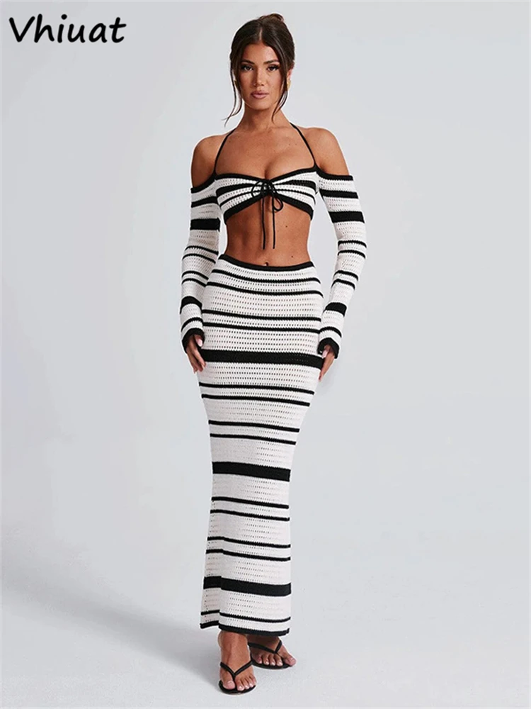 Vhiuat Summer Striped Knitted Beach Sexy Backless Bandage Tops Long Skirt Elegant Boho Outfits Vacation 2 Piece Dress Set 2024