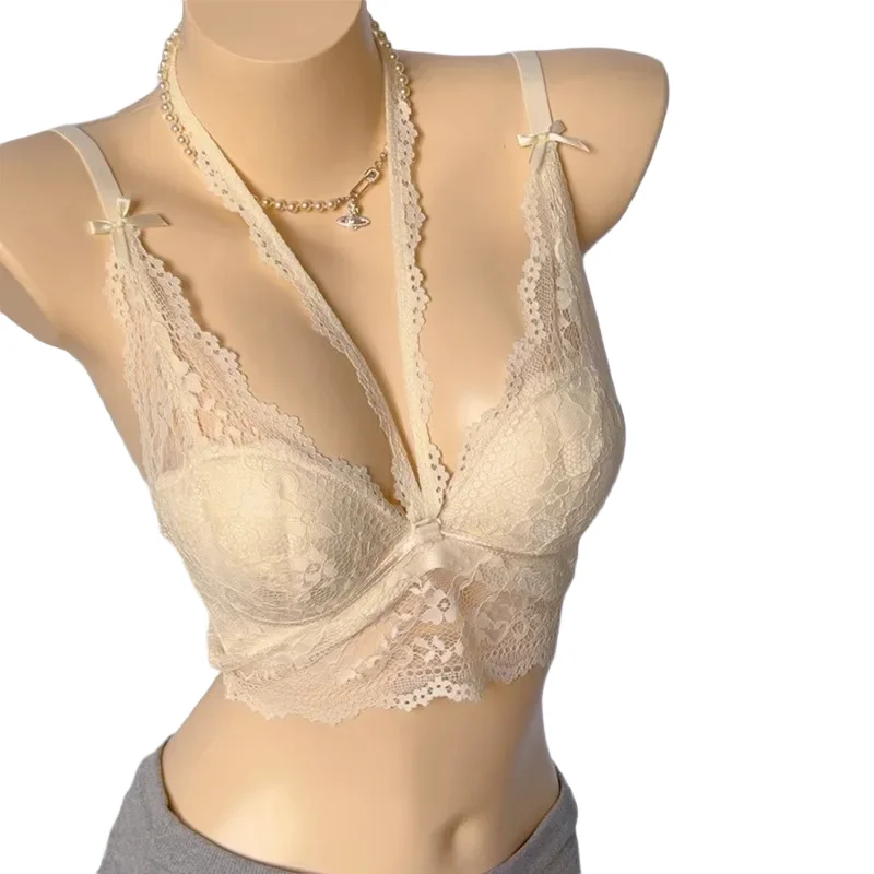 KUCLUT Heart Lace Neck Hanging Underwear Women's Small Chest Gather Pure Desire French Sexy Layered Wear Strapless Bra