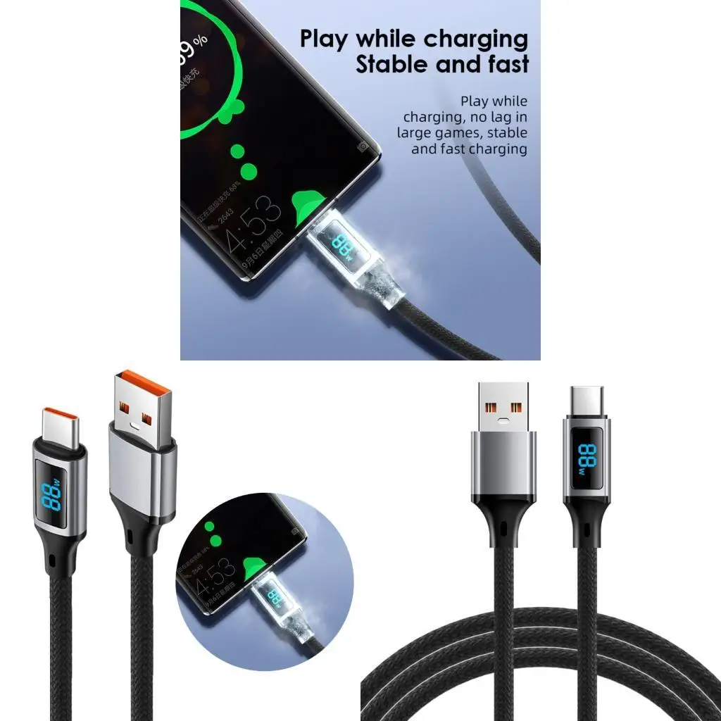 193A USB 60W Charging Cable with Real Time Power Display Nylon Braided Fast Data Transfer Suitable for Laptop Phone