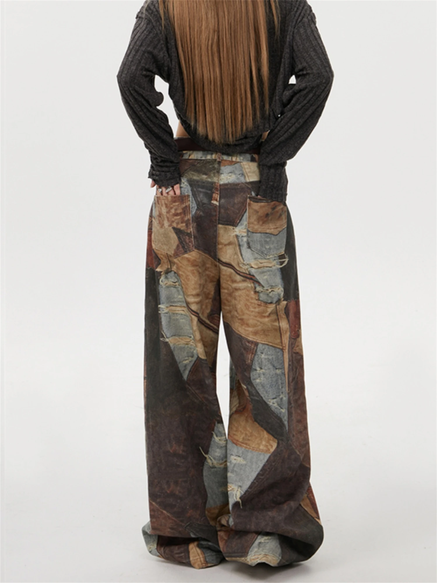 بنطلون جينز نسائي عالي الخصر وواسع الساق مرقع عتيق مغسول متعدد الألوان ريترو Y2K ملابس الشارع الشهير من قماش الدنيم #5