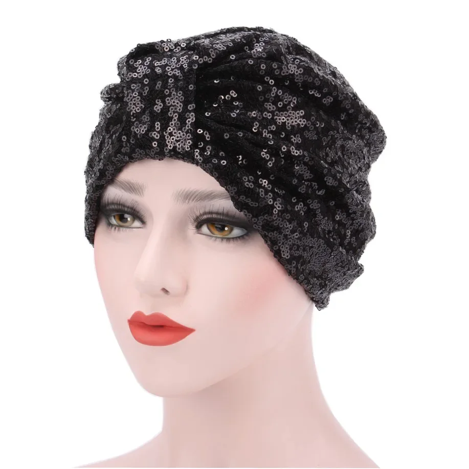 2025 Women Sequins Knotted Turban Hat Shiny Muslim Hijab Headwear Bonnet Head Wrap Chemo Cap Hair Loss Headscarf Turbante Mujer