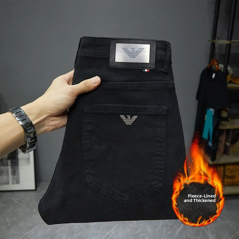 

Thiened Fce Lined Slim Fit Men's Jeans mid Waist Youth Faion Winter Casual Cotton Polyester Elastic Long Trousers