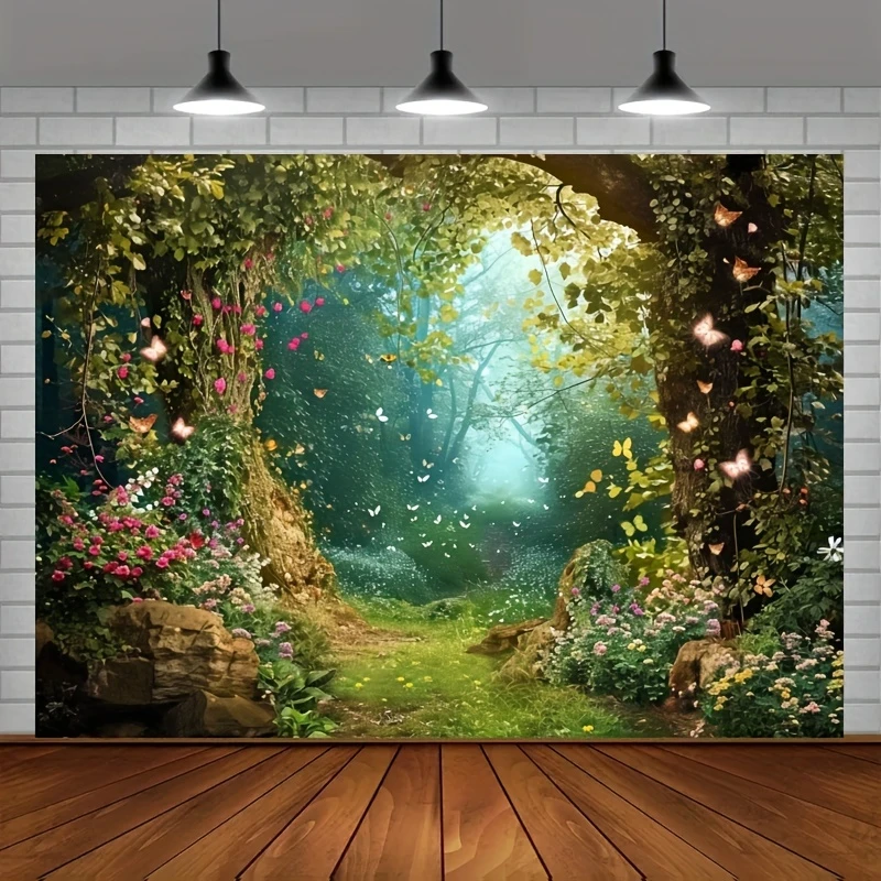 Charming forest polyester photography background, fairy tale fairyland mushroom flower butterfly background