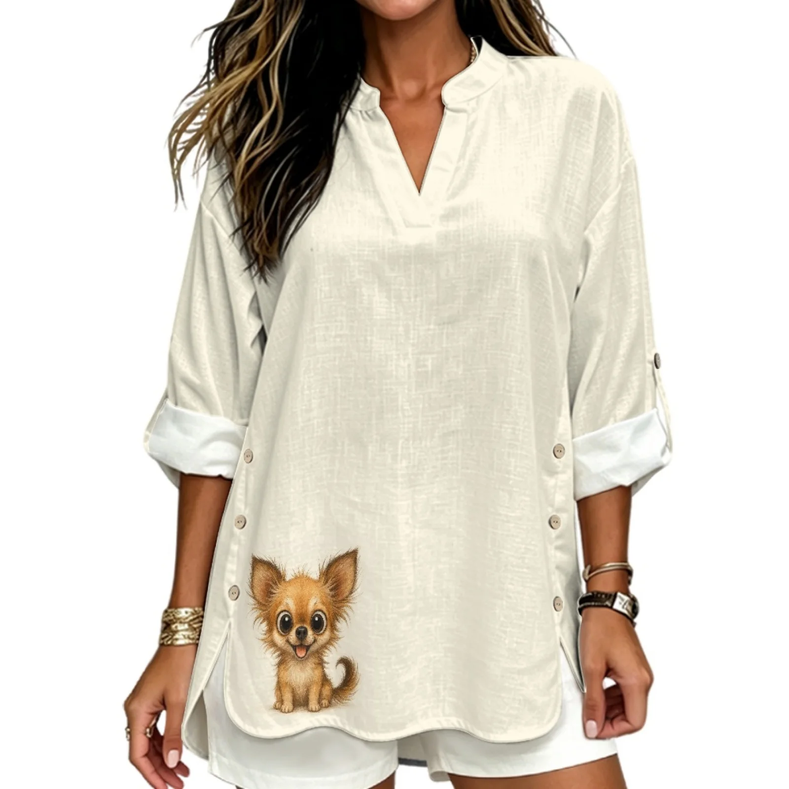 PENSTROLL Chihuahua Puppy Linen Like V Neck Tunic Tops Long Sleeve Blouse for Women Roll Up Sleeve V Neck Long Sleeve Blouses