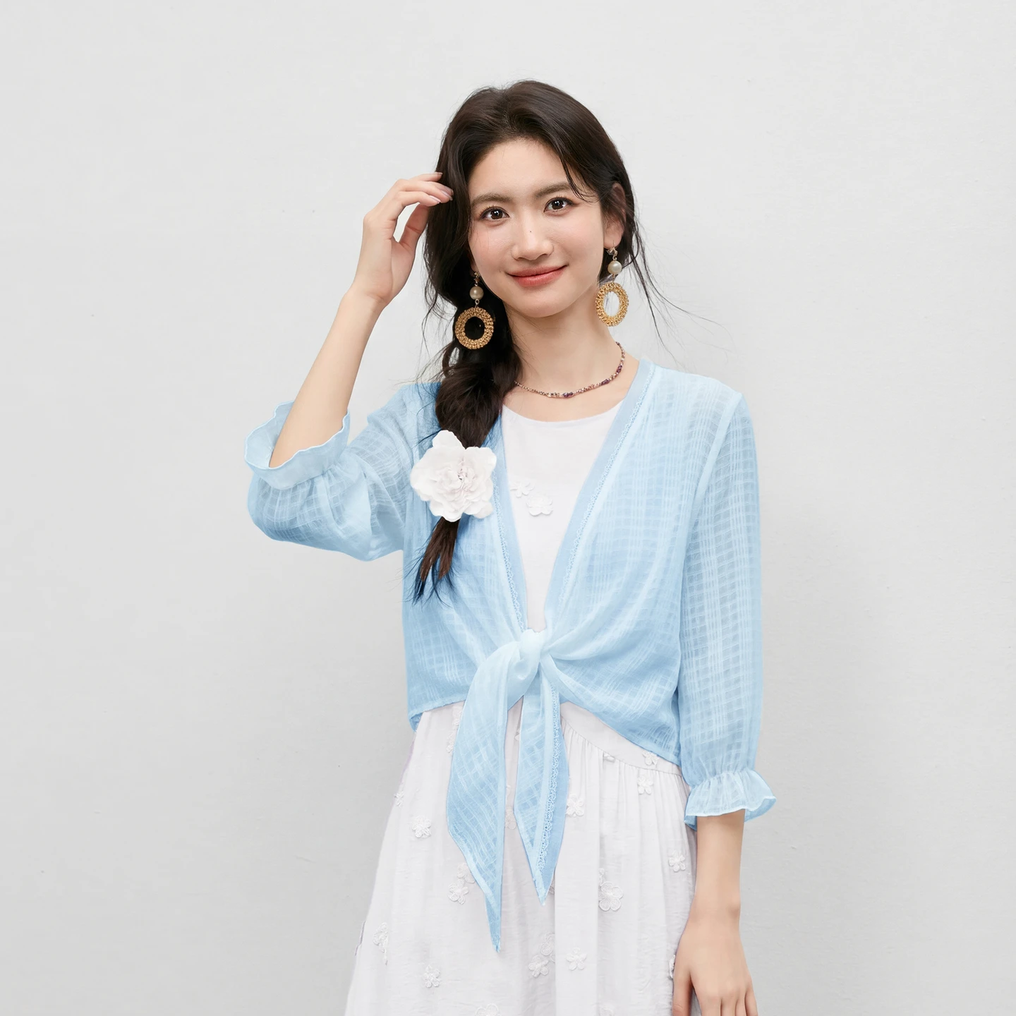 

SENTUBILA Women's V Neck Lace Balloon Sleeve Chiffon Jacket Sash Tie Patch Mesh Jacquard Textured Lightweight Coat Q62WI6266X