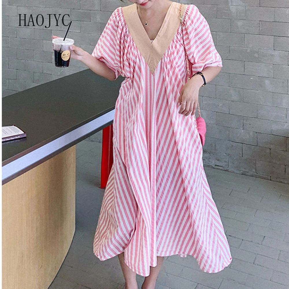 여름 V넥 핑크 스트라이프 드레스 루즈핏 미디 기장 롱 스커트 여성용 우아한 보헤미안 드레스