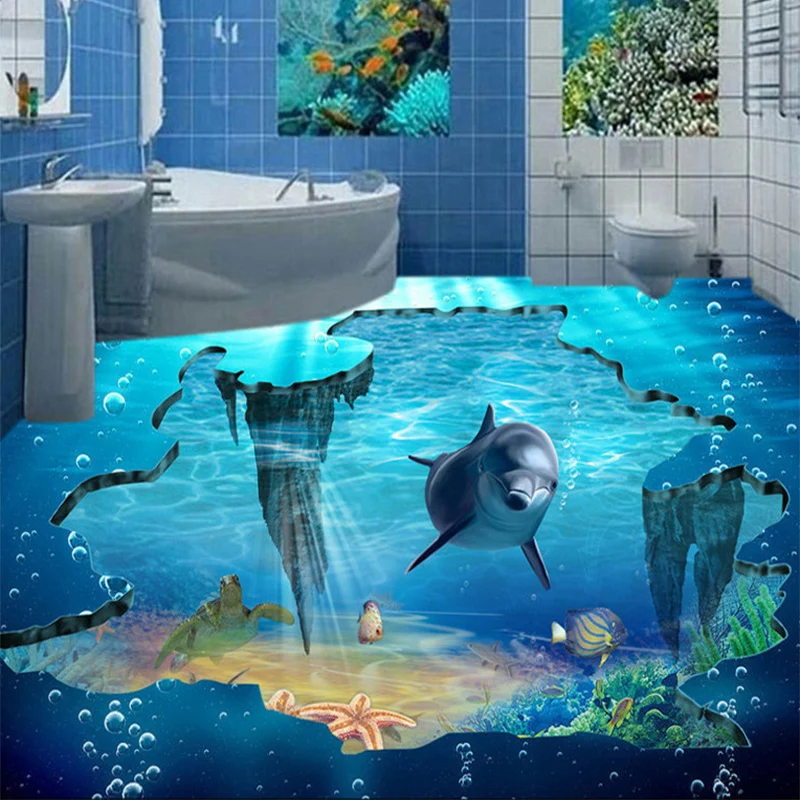 

Custom Self-Adhesive Waterproof Floor Sticker 3D Floor Mural Wallpaper Dolphin Ocean Animal Floor Painting PVC Bathroom Stickers