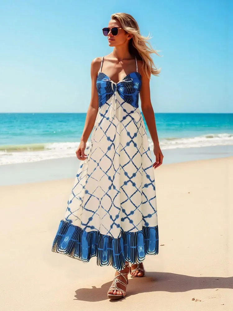 NewPrinted Casual Lacing Pleat Strapless Dress Boho Party Beach Dresses Summer Fashion Items Elegant Long Dress Feminine clothes
