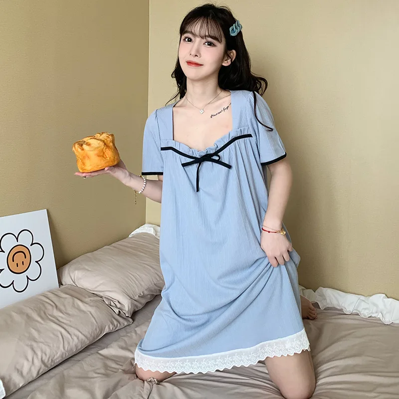 

Summer Women's Pajama Dress Bow Short Sleeve Lace Nightgown Sweet Cute Floral Sleepwear Loose Fitting Home Clothing Set